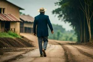 un hombre en un traje y sombrero caminando abajo un suciedad la carretera. generado por ai foto