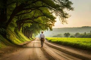 a man is walking down a dirt road with trees in the background. AI-Generated photo