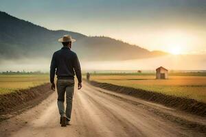 un hombre en un sombrero camina abajo un suciedad la carretera. generado por ai foto