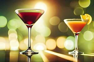 two martinis are shown on a table with a bright light. AI-Generated photo