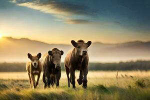Tres marrón vacas corriendo en el césped a puesta de sol. generado por ai foto