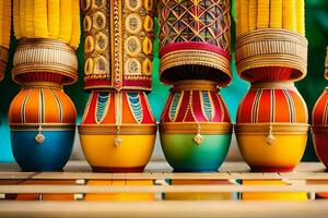 colorful vases lined up on a table. AI-Generated photo