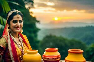 a woman in traditional indian attire poses with two pots. AI-Generated photo
