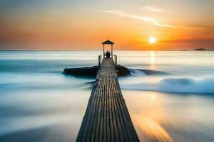 un largo exposición fotografía de un muelle a puesta de sol. generado por ai foto