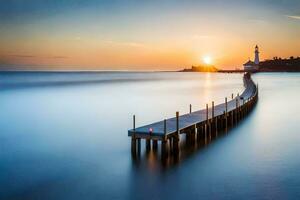 a long exposure photograph of a pier in the ocean. AI-Generated photo
