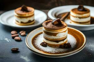 three desserts on a plate with chocolate and nuts. AI-Generated photo