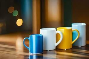 colorful coffee mugs on a wooden table. AI-Generated photo