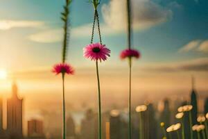 pink flowers hanging from a chain in front of a city skyline. AI-Generated photo