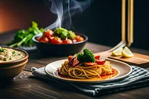 spaghetti and meatballs on a wooden table. AI-Generated photo