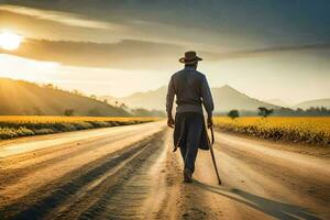 un hombre caminando abajo un suciedad la carretera con un caña. generado por ai foto