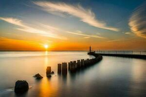 a long exposure photograph of a lighthouse at sunset. AI-Generated photo