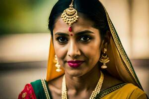 a beautiful indian woman wearing a traditional sari. AI-Generated photo