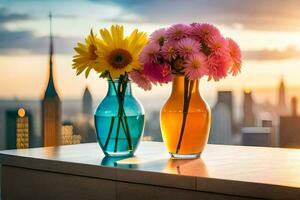 two vases with flowers on a table with a city in the background. AI-Generated photo