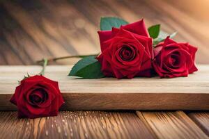 three red roses on a wooden table. AI-Generated photo