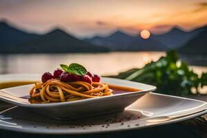 a plate of pasta with a view of the lake. AI-Generated photo