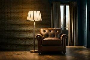 a leather chair in a dark room with a lamp. AI-Generated photo