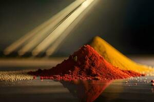 a pile of red and yellow powder on a table. AI-Generated photo