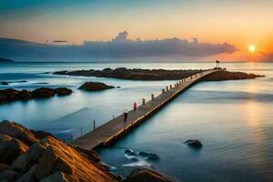 the sun rises over a pier in the ocean. AI-Generated photo