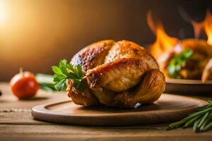 a chicken on a wooden board with a fire in the background. AI-Generated photo