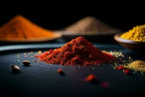 a variety of spices and spices on a black background. AI-Generated photo