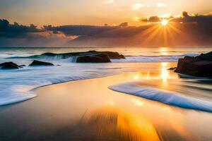 sunset on the beach, waves crashing on the shore, and the sun setting behind. AI-Generated photo