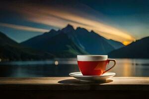 a cup of coffee on a table overlooking a lake and mountains. AI-Generated photo