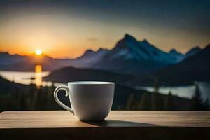 a coffee cup sits on a table overlooking a lake and mountains. AI-Generated photo