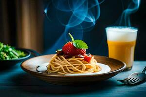 spaghetti with a strawberry and a glass of beer. AI-Generated photo