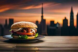 a hamburger on a plate with a city in the background. AI-Generated photo