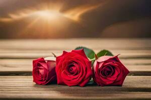 three red roses on a wooden table with the sun in the background. AI-Generated photo