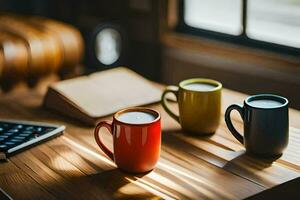 three coffee cups sit on a table next to a laptop. AI-Generated photo
