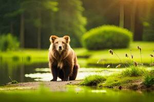 a brown bear is standing in the grass near a pond. AI-Generated photo