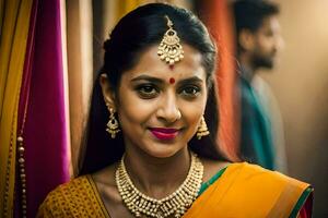a beautiful woman in a sari with gold jewelry. AI-Generated photo