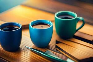 three coffee cups on a table. AI-Generated photo
