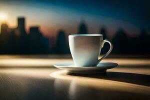 coffee cup on a table with cityscape in the background. AI-Generated photo