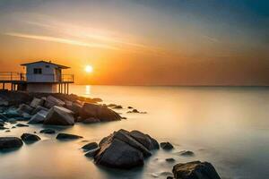 a small house on the shore of the ocean at sunset. AI-Generated photo