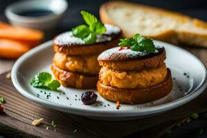 three small sandwiches on a plate with bread and carrots. AI-Generated photo