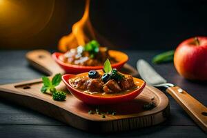 two bowls of food with an apple and a knife. AI-Generated photo