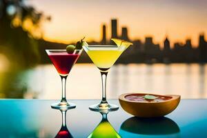 three cocktails sit on a table with a city in the background. AI-Generated photo