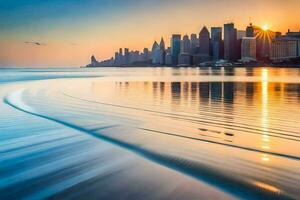 the manhattan skyline is reflected in the water at sunset. AI-Generated photo