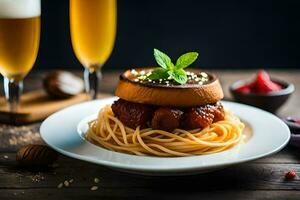 a plate with spaghetti and meat on it. AI-Generated photo