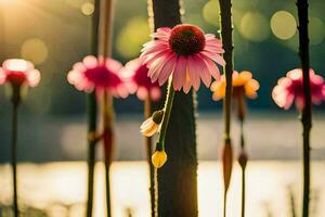 pink flowers are standing in front of a lake. AI-Generated photo