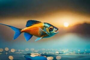 un pescado nadando en el agua con un puesta de sol en el antecedentes. generado por ai foto