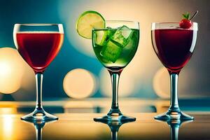 three glasses of different colored drinks on a table. AI-Generated photo