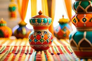 colorful vases on a table with colorful decorations. AI-Generated photo