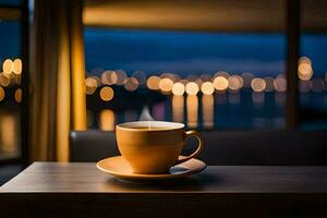 un café taza se sienta en un mesa en frente de un ventana. generado por ai foto