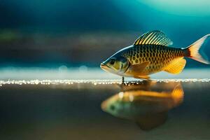 a fish is standing on the water with its reflection. AI-Generated photo