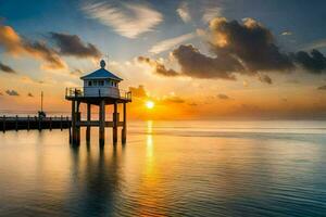 a lighthouse stands on the water at sunset. AI-Generated photo