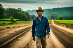 a man in a hat walks down a dirt road. AI-Generated photo