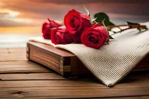 red roses on a wooden table with a sunset in the background. AI-Generated photo